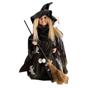 Animated Halloween Witch Doll Fiber Optic Lights Black Dress Ghosts Broom 18”